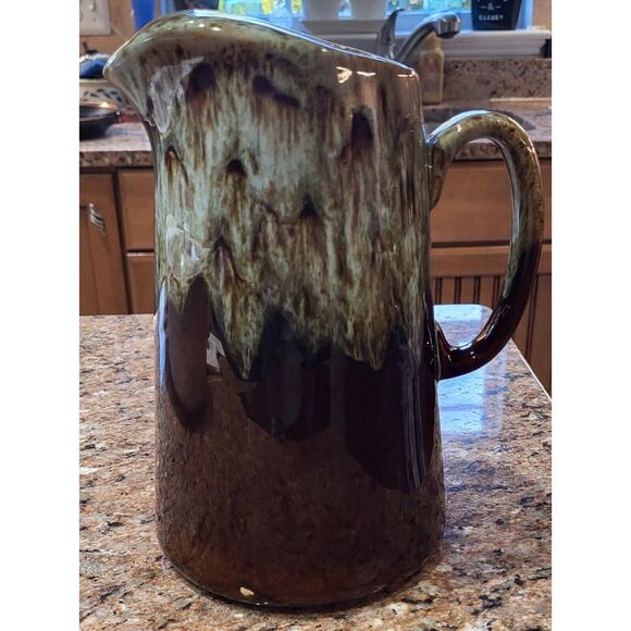 Vintage Brown & Gray/Greenish Drip Pitcher Pottery Glaze Pitcher 9 1/2 inch - Picture 1 of 15